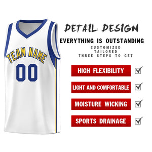 Custom White Royal-Gold Sleeve Color Blocking Classic Sports Uniform Basketball Jersey