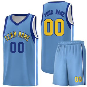 Custom Powder Blue Royal-Gold Sleeve Color Blocking Classic Sports Uniform Basketball Jersey