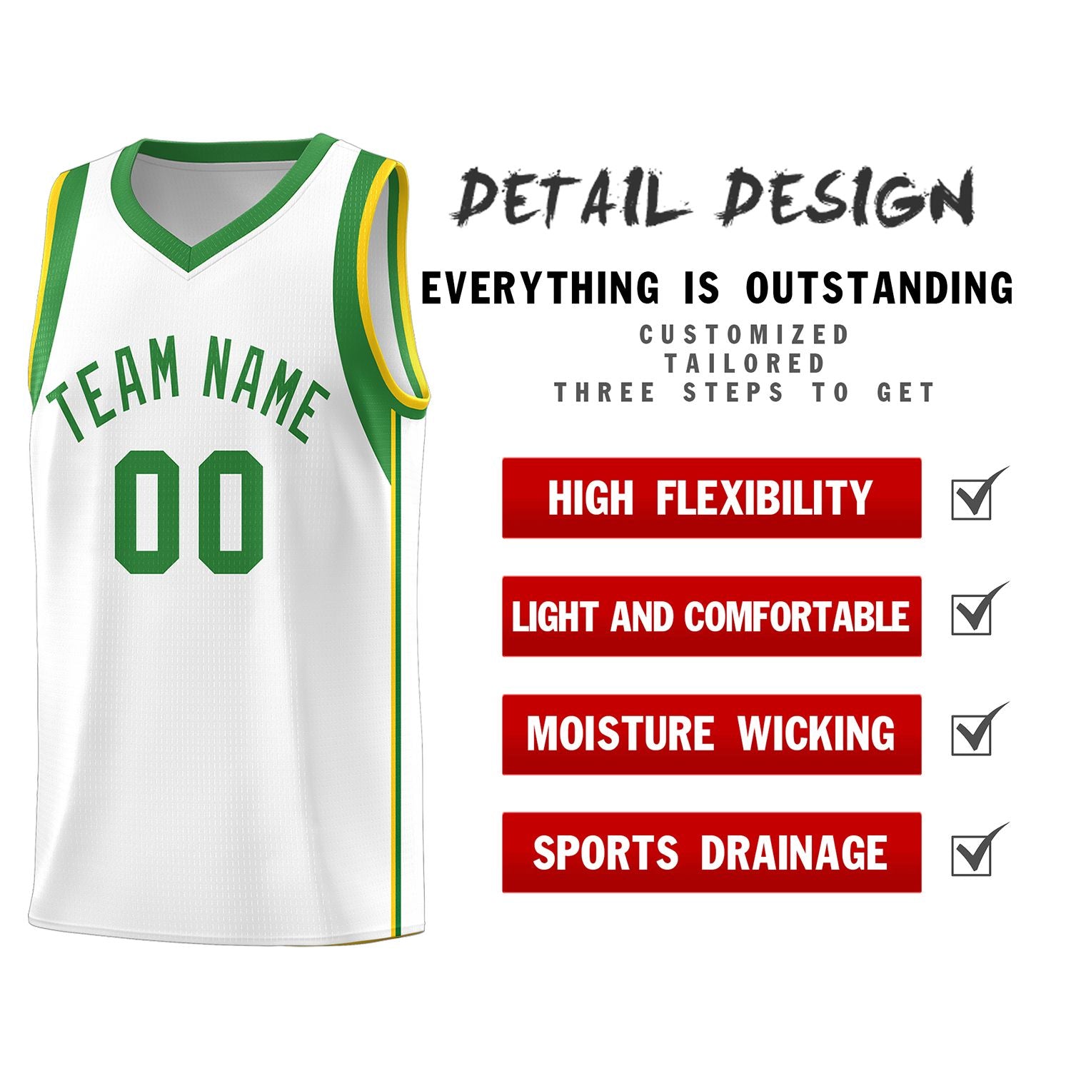 Custom White Kelly Green Sleeve Color Blocking Classic Sports Uniform Basketball Jersey