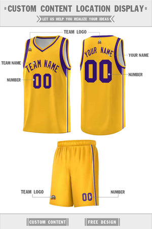 Custom Gold Purple Sleeve Color Blocking Classic Sports Uniform Basketball Jersey