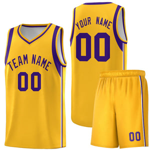 Custom Gold Purple Sleeve Color Blocking Classic Sports Uniform Basketball Jersey