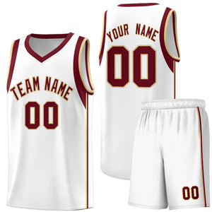 Custom White Crimson-Khaki Sleeve Color Blocking Classic Sports Uniform Basketball Jersey