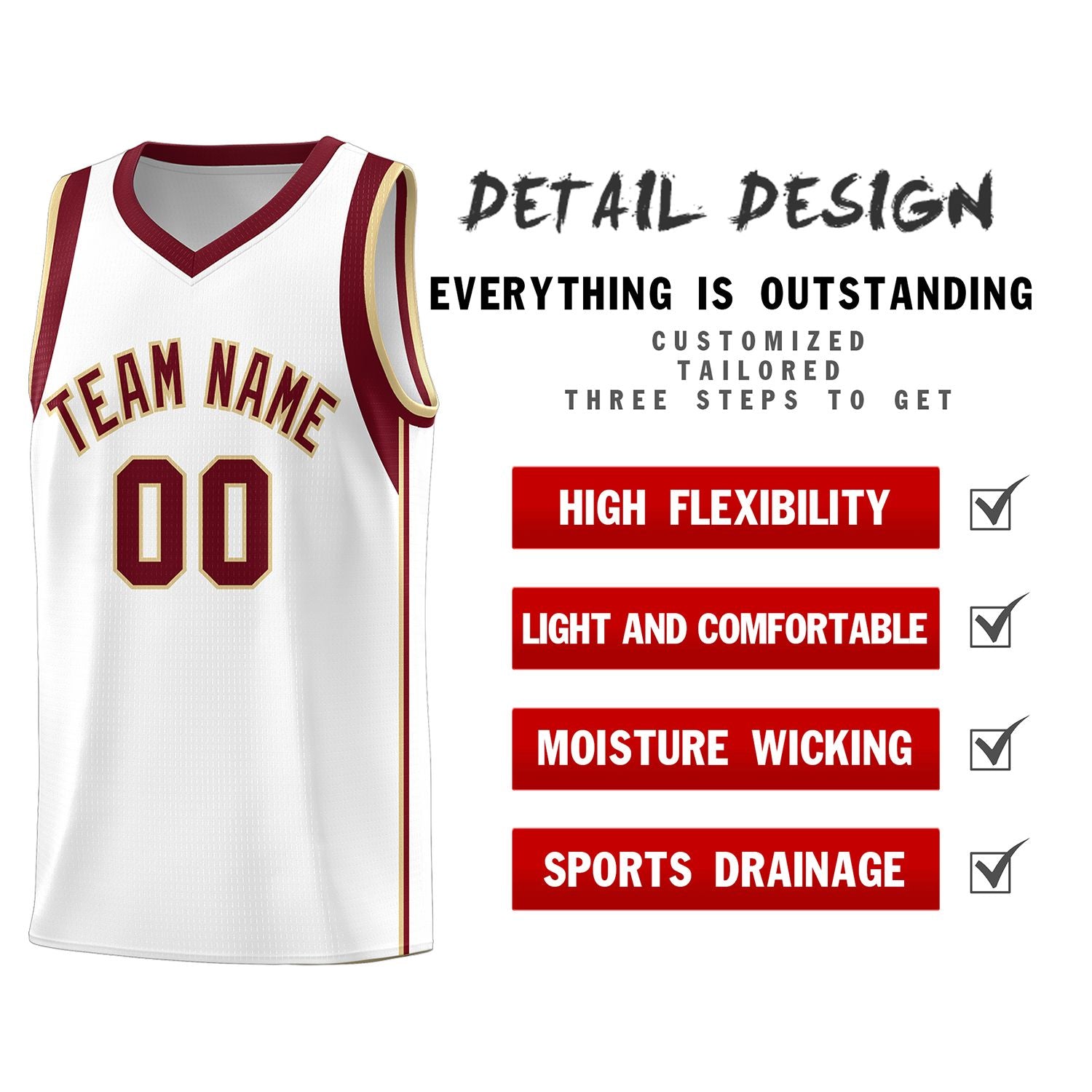 Custom White Crimson-Khaki Sleeve Color Blocking Classic Sports Uniform Basketball Jersey