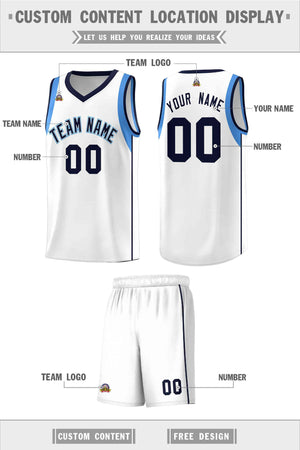 Custom White Navy-Powder Blue Sleeve Color Blocking Classic Sports Uniform Basketball Jersey