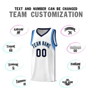 Custom White Navy-Powder Blue Sleeve Color Blocking Classic Sports Uniform Basketball Jersey