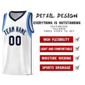 Custom White Navy-Powder Blue Sleeve Color Blocking Classic Sports Uniform Basketball Jersey