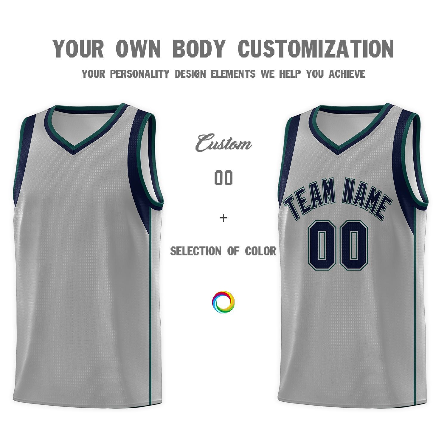Custom Gray Navy-Green Sleeve Colorblocking Classic Sports Uniform Basketball Jersey