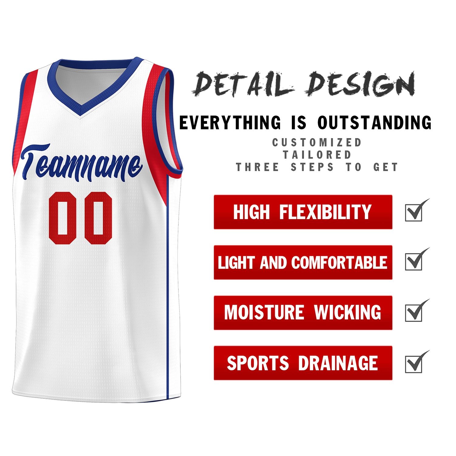 Custom White Royal-Red Sleeve Color Blocking Classic Sports Uniform Basketball Jersey