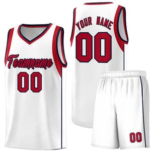 Custom White Red-Navy Sleeve Color Blocking Classic Sports Uniform Basketball Jersey