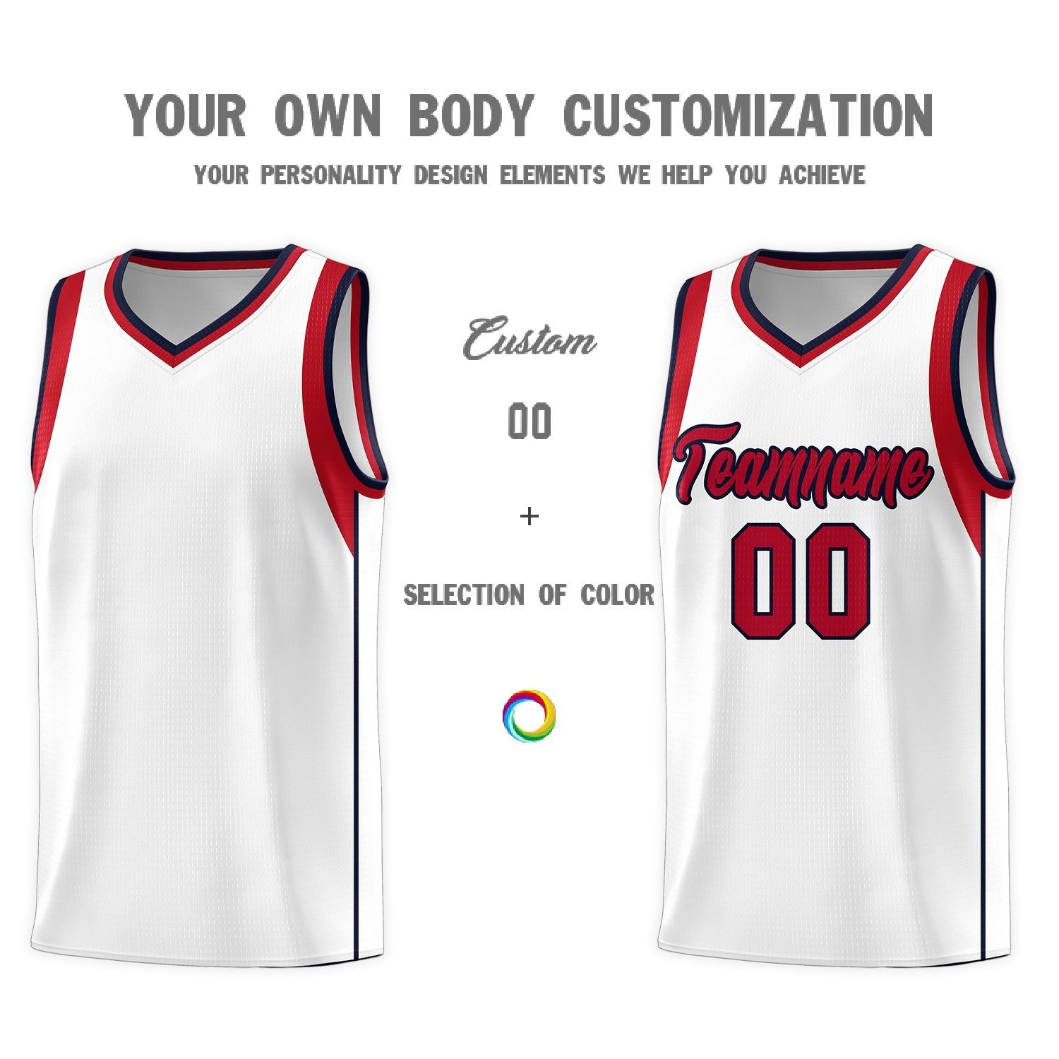 Custom White Red-Navy Sleeve Color Blocking Classic Sports Uniform Basketball Jersey