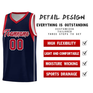 Custom Navy Red-White Sleeve Colorblocking Classic Sports Uniform Basketball Jersey