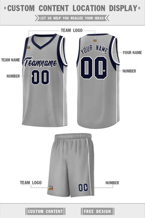 Custom Gray Navy-White Sleeve Color Blocking Classic Sports Uniform Basketball Jersey