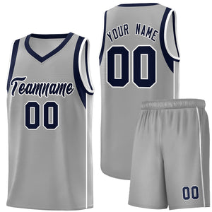 Custom Gray Navy-White Sleeve Color Blocking Classic Sports Uniform Basketball Jersey