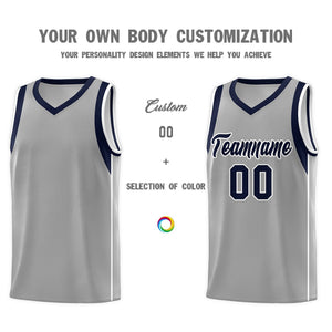 Custom Gray Navy-White Sleeve Color Blocking Classic Sports Uniform Basketball Jersey