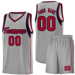 Custom Gray Navy-Red Sleeve Color Blocking Classic Sports Uniform Basketball Jersey