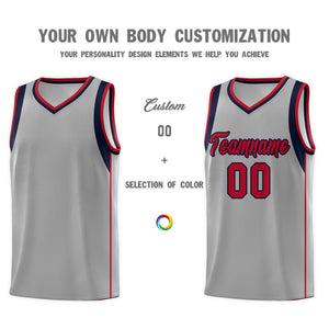 Custom Gray Navy-Red Sleeve Color Blocking Classic Sports Uniform Basketball Jersey