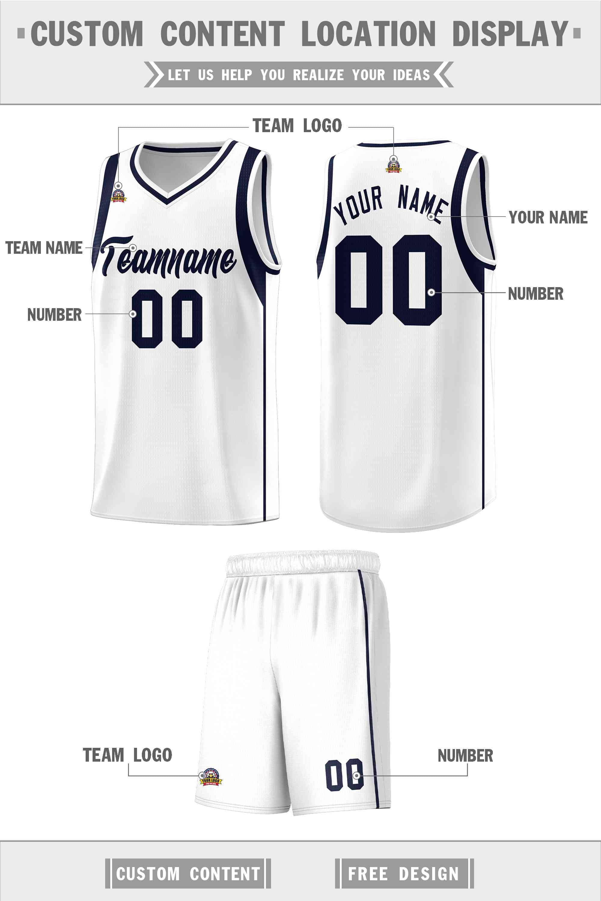 Custom White Navy Sleeve Color Blocking Classic Sports Uniform Basketball Jersey