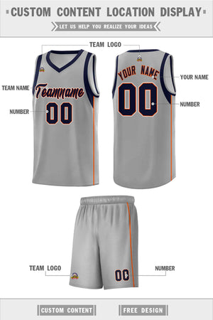 Custom Gray Navy-Orange Sleeve Colorblocking Classic Sports Uniform Basketball Jersey