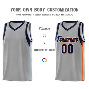 Custom Gray Navy-Orange Sleeve Colorblocking Classic Sports Uniform Basketball Jersey