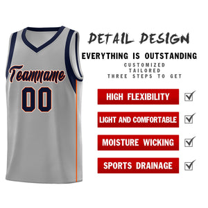 Custom Gray Navy-Orange Sleeve Colorblocking Classic Sports Uniform Basketball Jersey