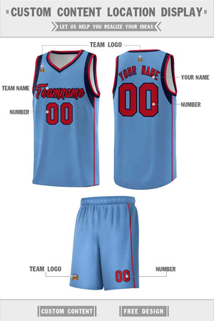 Custom Light Blue Navy-Red Sleeve Color Blocking Classic Sports Uniform Basketball Jersey