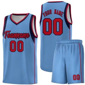 Custom Light Blue Navy-Red Sleeve Colorblocking Classic Sports Uniform Basketball Jersey