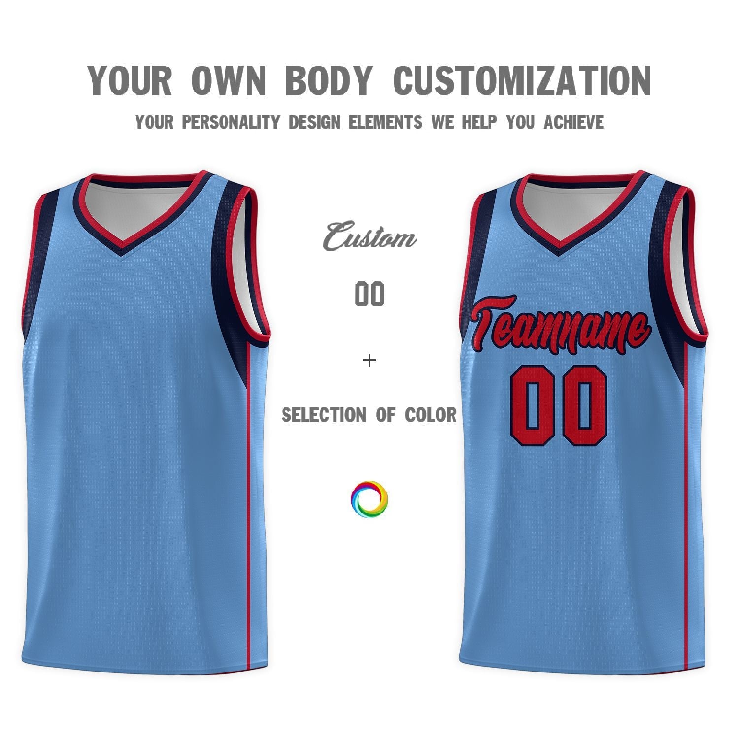 Custom Light Blue Navy-Red Sleeve Color Blocking Classic Sports Uniform Basketball Jersey