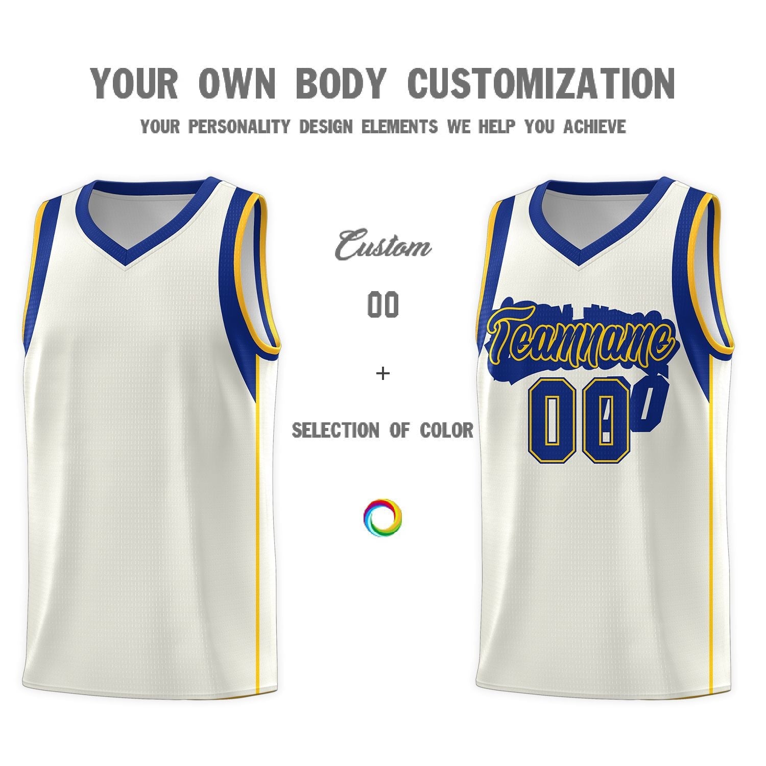 Custom Cream Royal-Gold Sleeve Color Blocking Classic Sports Uniform Basketball Jersey