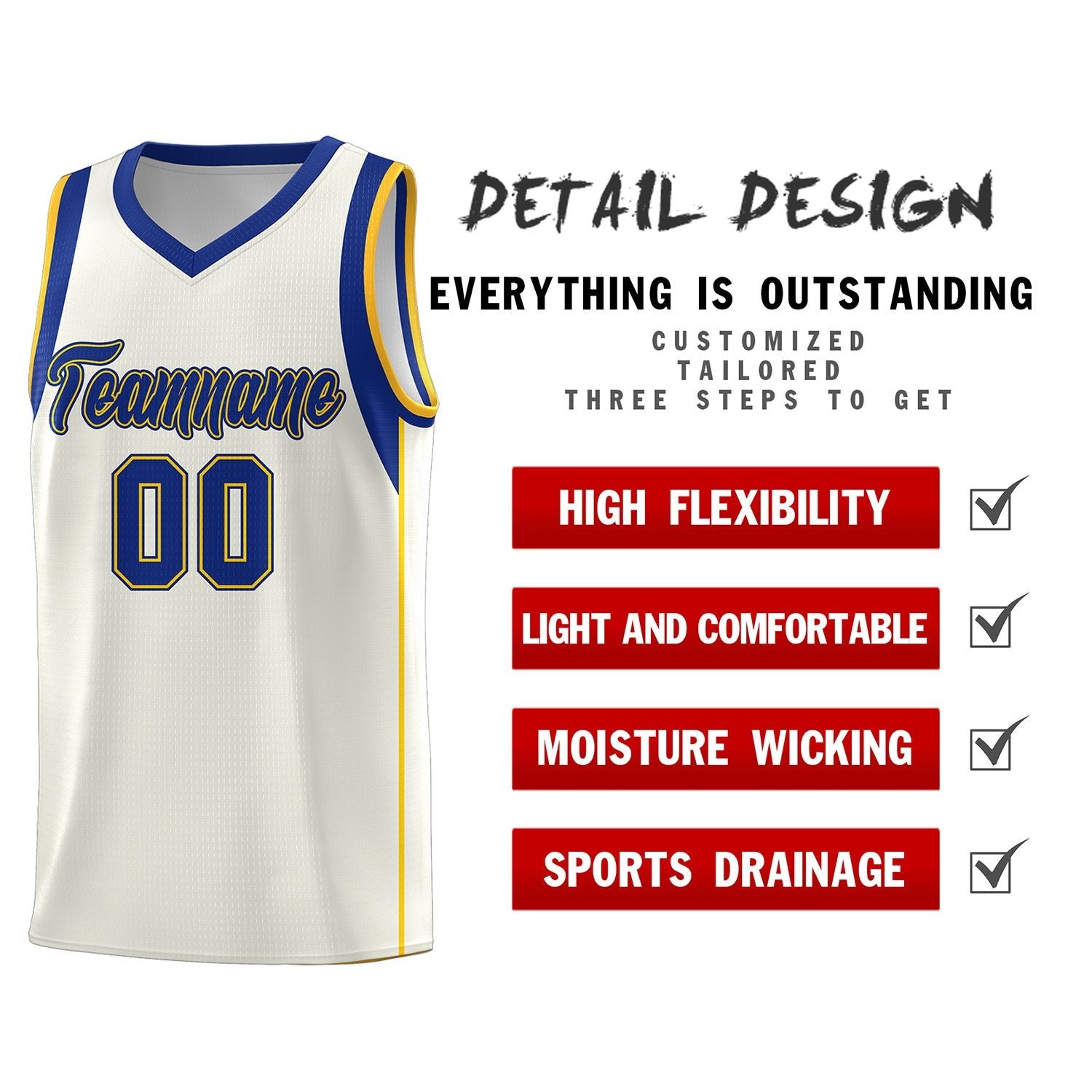 Custom Cream Royal-Gold Sleeve Color Blocking Classic Sports Uniform Basketball Jersey