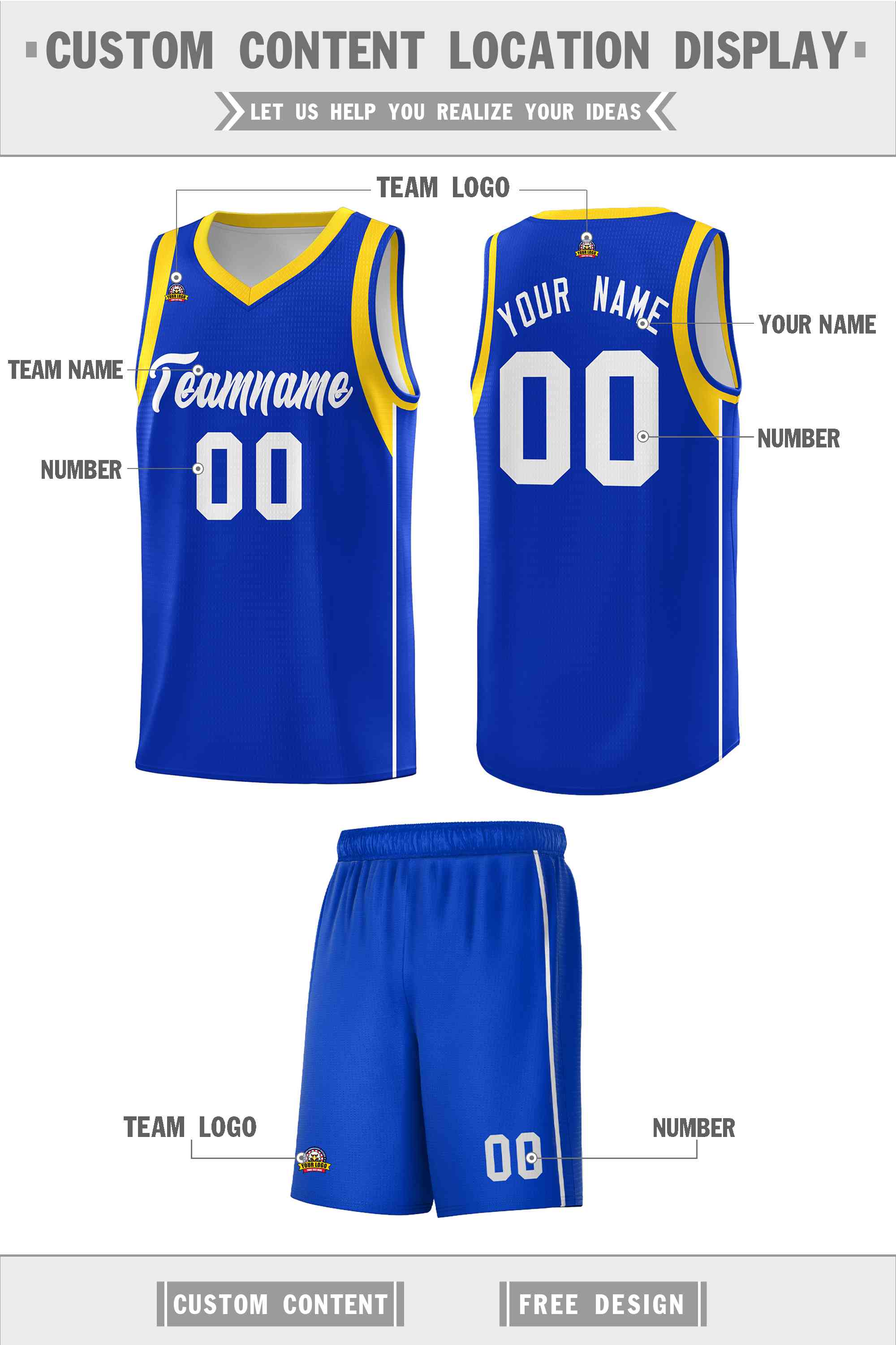 Custom Royal White-Gold Sleeve Color Blocking Classic Sports Uniform Basketball Jersey