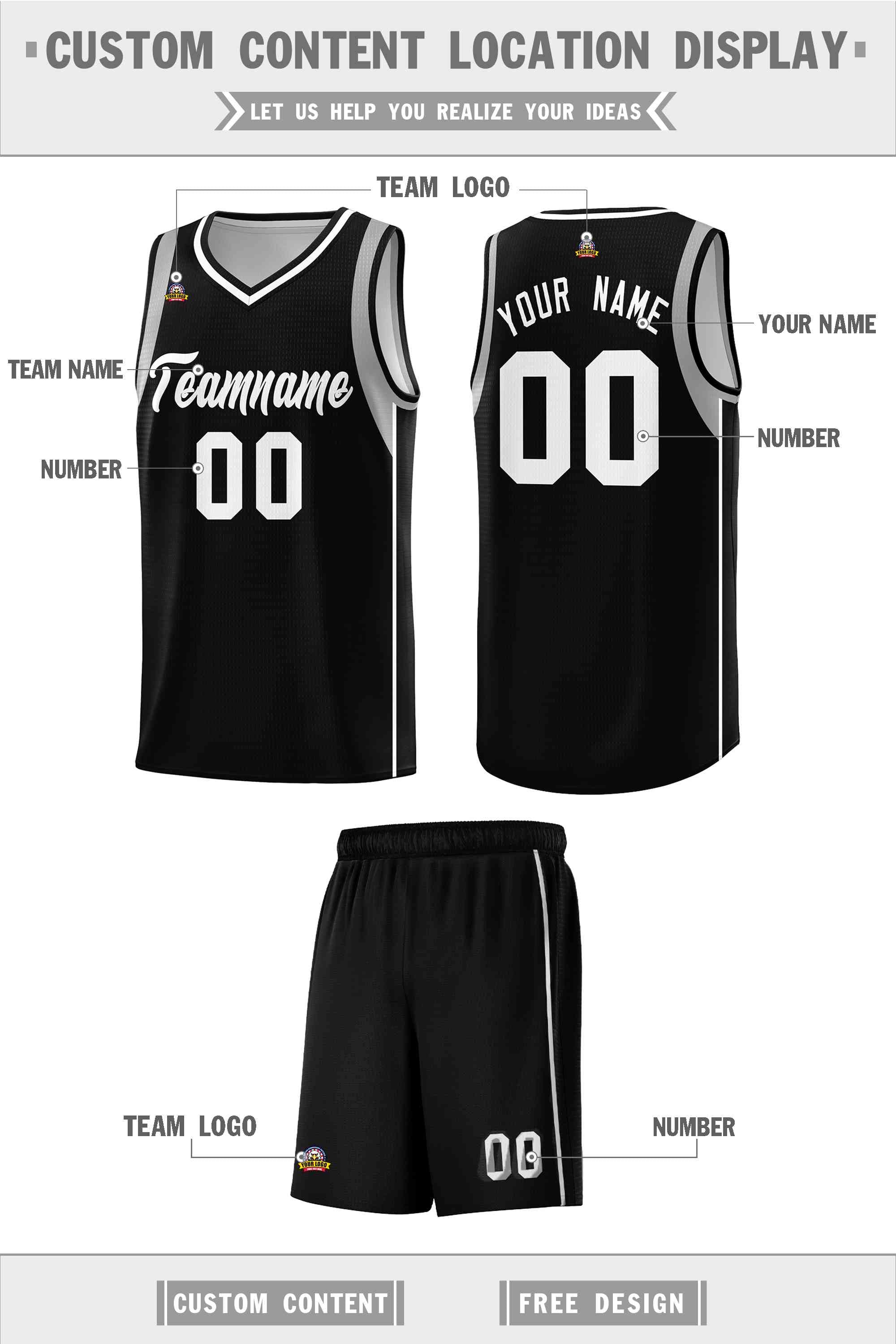 Custom Black White-Gray Sleeve Color Blocking Classic Sports Uniform Basketball Jersey