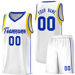 Custom White Royal-Gold Sleeve Color Blocking Classic Sports Uniform Basketball Jersey