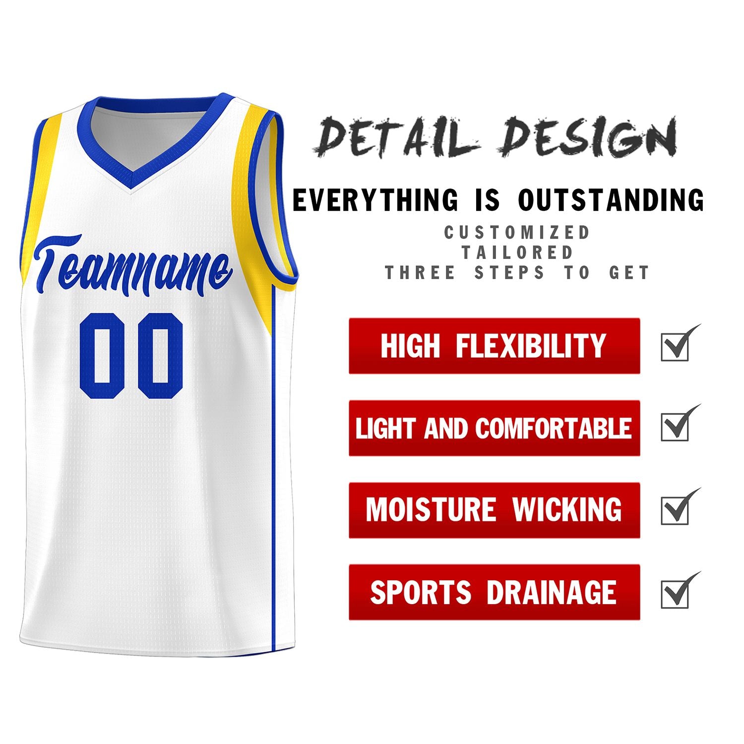 Custom White Royal-Gold Sleeve Color Blocking Classic Sports Uniform Basketball Jersey