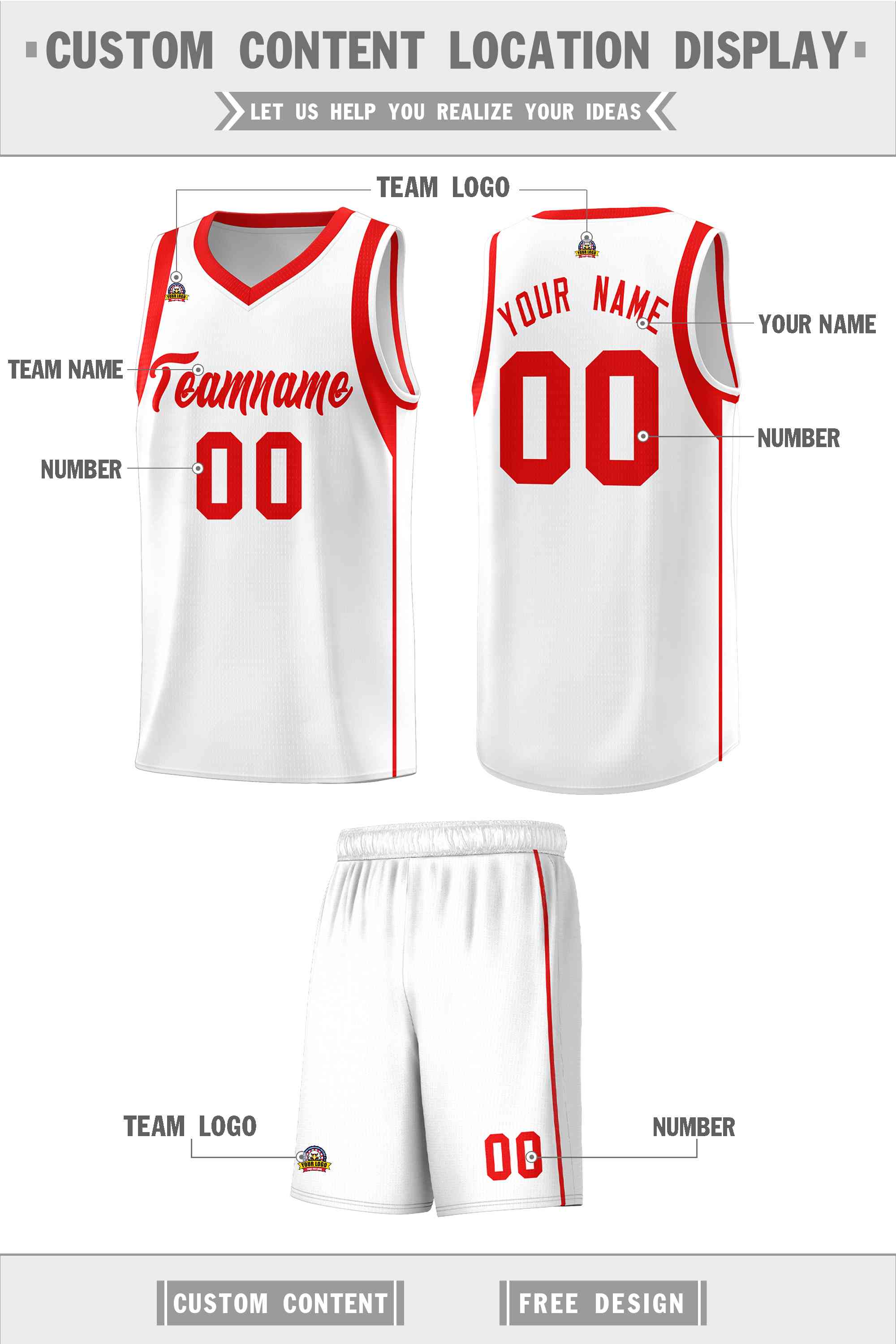 Custom White Red Sleeve Color Blocking Classic Sports Uniform Basketball Jersey