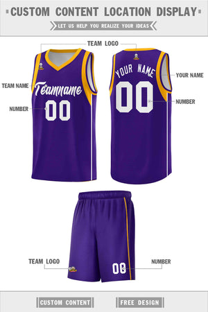 Custom Purple White-Gold Sleeve Color Blocking Classic Sports Uniform Basketball Jersey