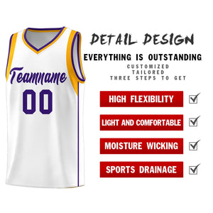 Custom White Purple-Aqua Sleeve Color Blocking Classic Sports Uniform Basketball Jersey