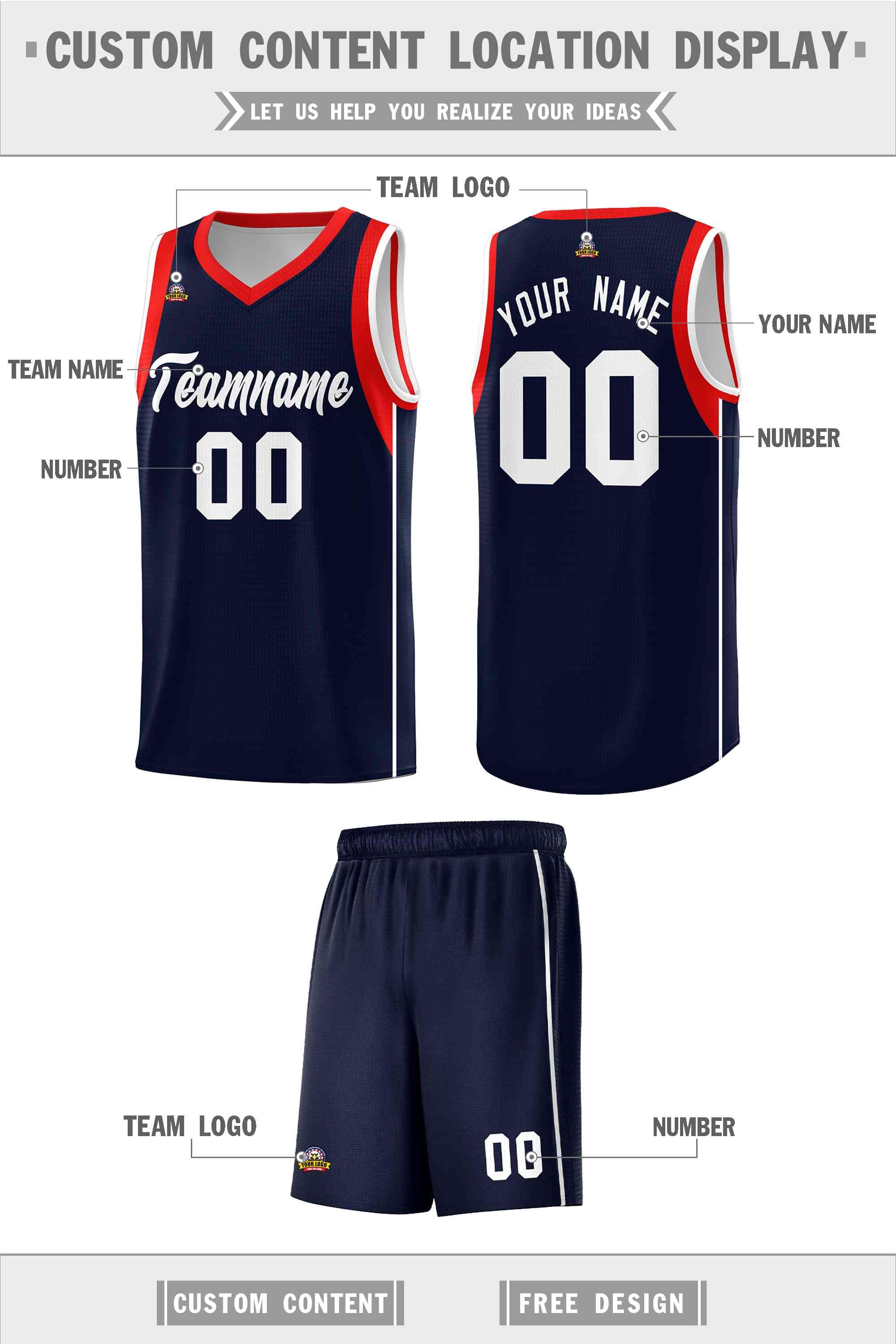 Custom Navy White-Red Sleeve Color Blocking Classic Sports Uniform Basketball Jersey