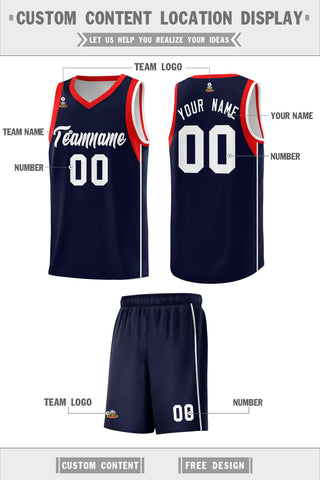 Custom Navy White-Red Sleeve Colorblocking Classic Sports Uniform Basketball Jersey