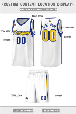 Custom White Royal-Gold Sleeve Color Blocking Classic Sports Uniform Basketball Jersey