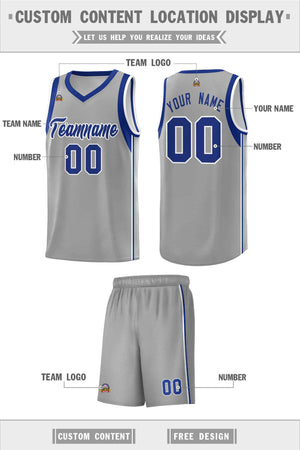 Custom Gray Royal-White Sleeve Color Blocking Classic Sports Uniform Basketball Jersey