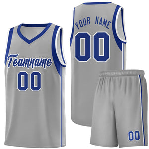 Custom Gray Royal-White Sleeve Color Blocking Classic Sports Uniform Basketball Jersey