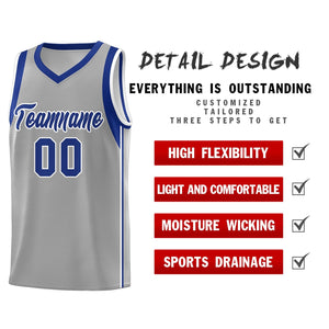 Custom Gray Royal-White Sleeve Color Blocking Classic Sports Uniform Basketball Jersey