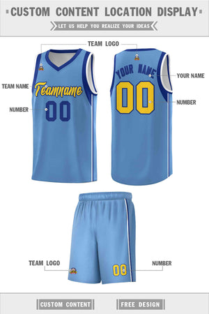 Custom Powder Blue Royal-Gold Sleeve Color Blocking Classic Sports Uniform Basketball Jersey