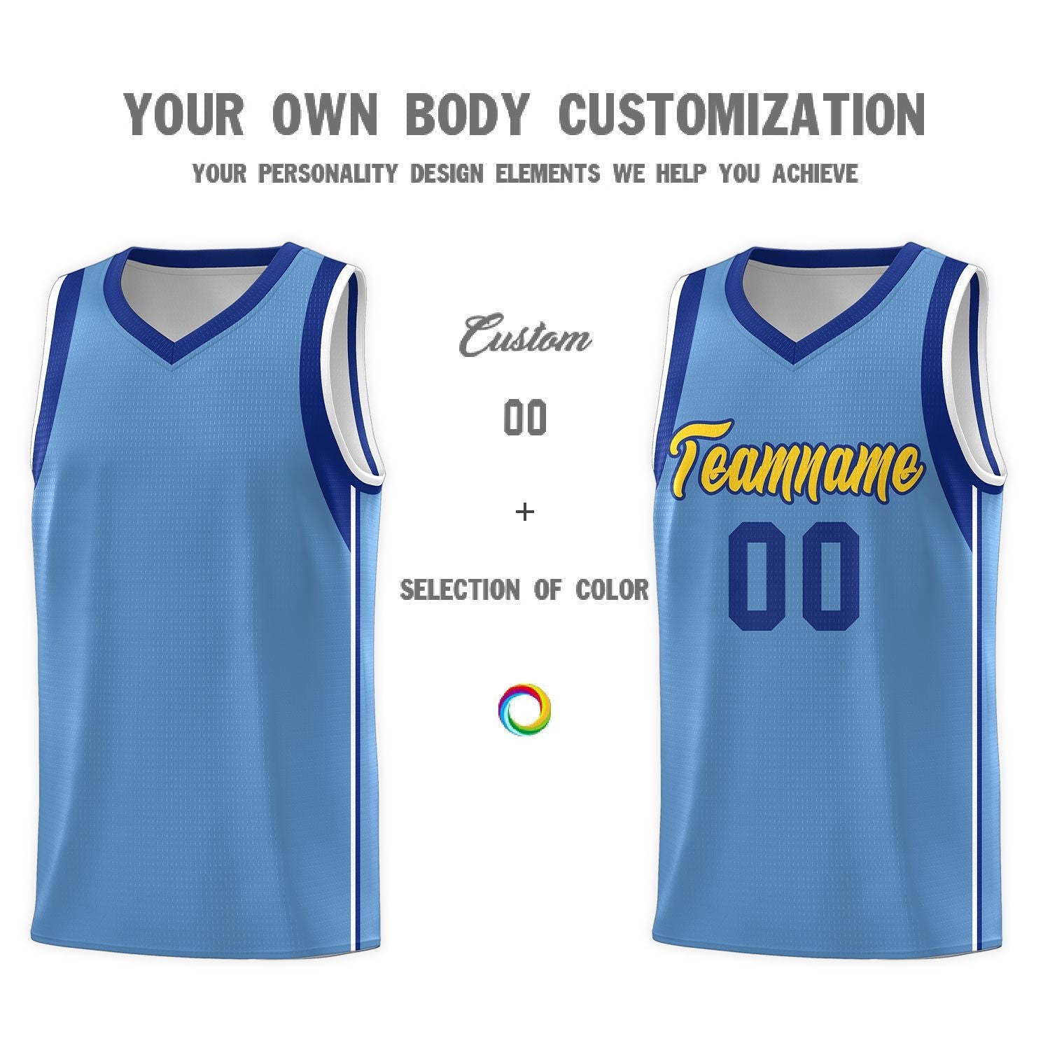 Custom Powder Blue Royal-Gold Sleeve Color Blocking Classic Sports Uniform Basketball Jersey