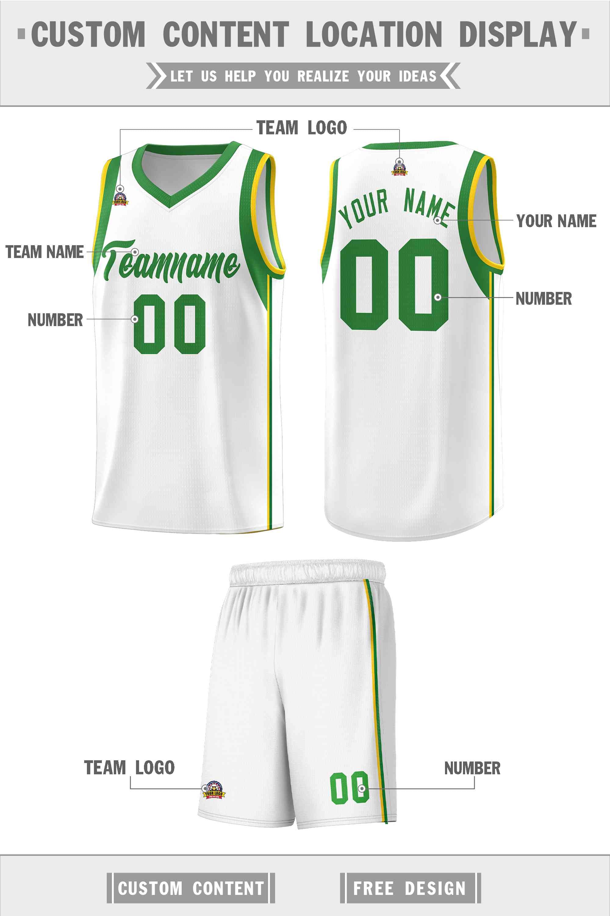 Custom White Kelly Green Sleeve Color Blocking Classic Sports Uniform Basketball Jersey