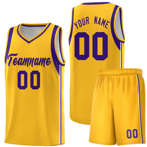 Custom Gold Purple Sleeve Color Blocking Classic Sports Uniform Basketball Jersey