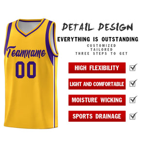 Custom Gold Purple Sleeve Color Blocking Classic Sports Uniform Basketball Jersey