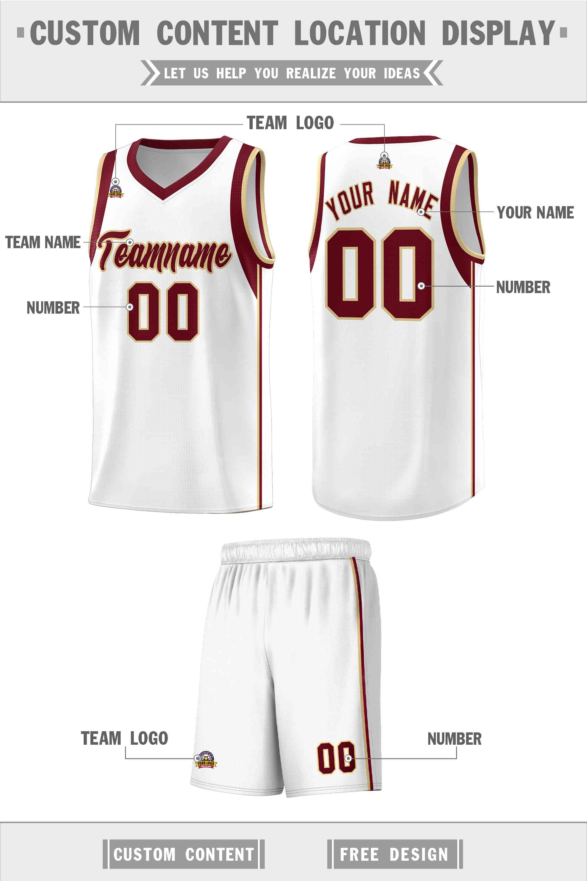 Custom White Crimson-Khaki Sleeve Color Blocking Classic Sports Uniform Basketball Jersey