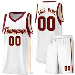 Custom White Crimson-Khaki Sleeve Color Blocking Classic Sports Uniform Basketball Jersey