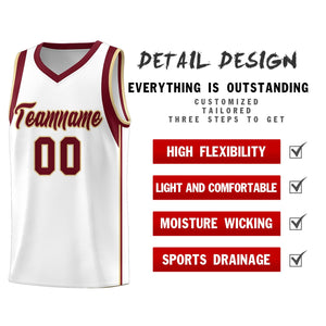 Custom White Crimson-Khaki Sleeve Color Blocking Classic Sports Uniform Basketball Jersey